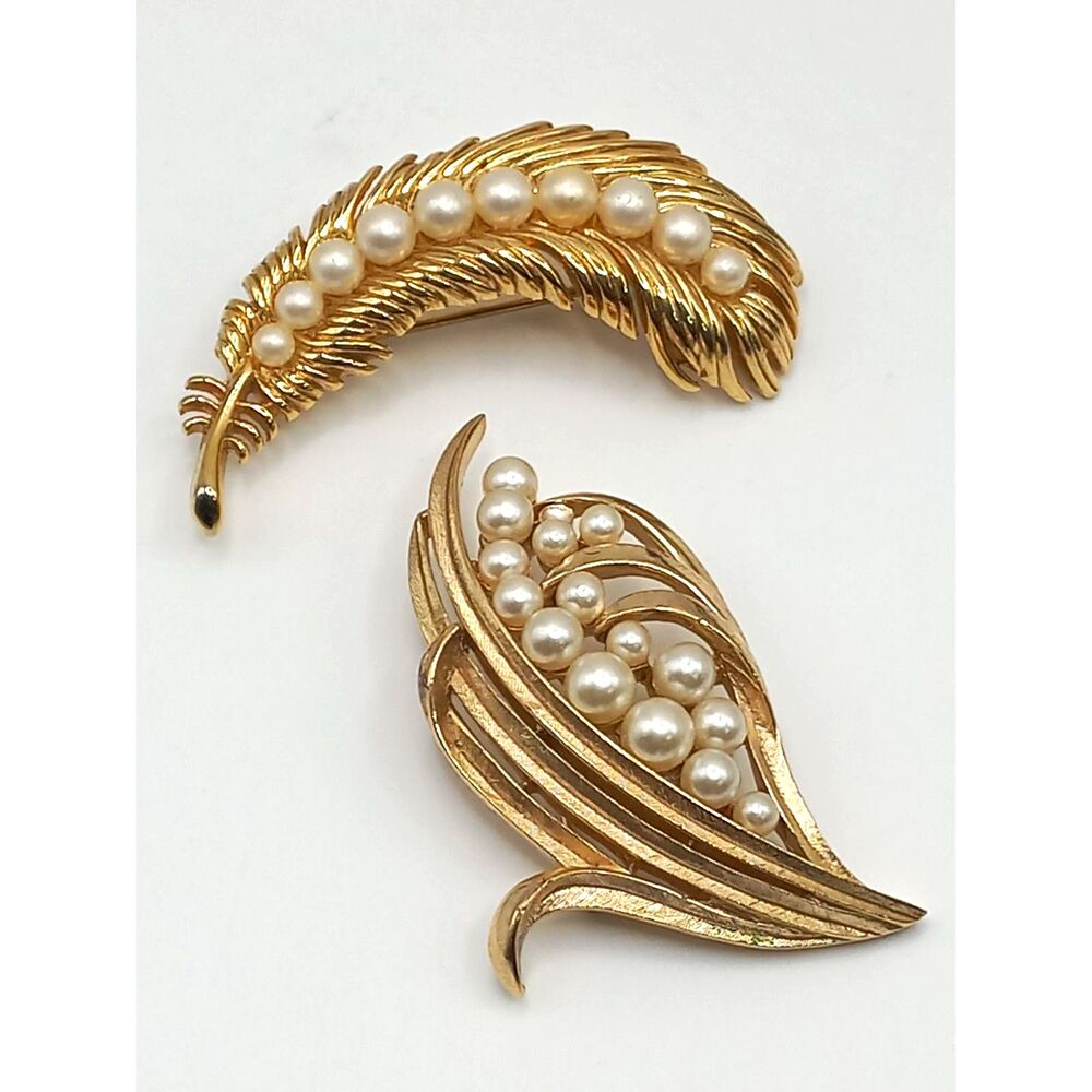 Crown Trifari Vintage Gold Tone Brooches w Faux Pearls